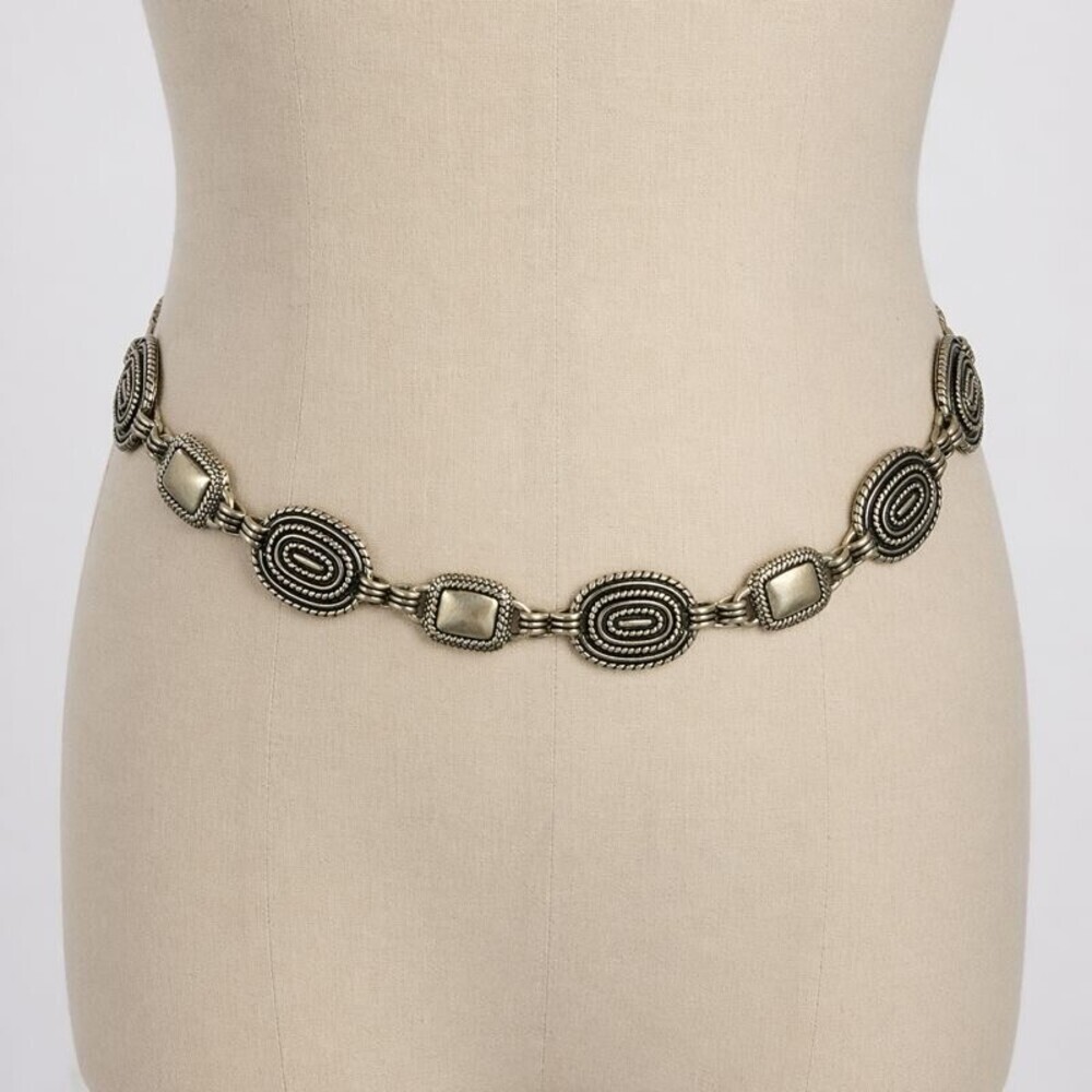 Vintage Brighton Silver Tone Mixed Link Chain Belt Oval Rectangle Textured Med